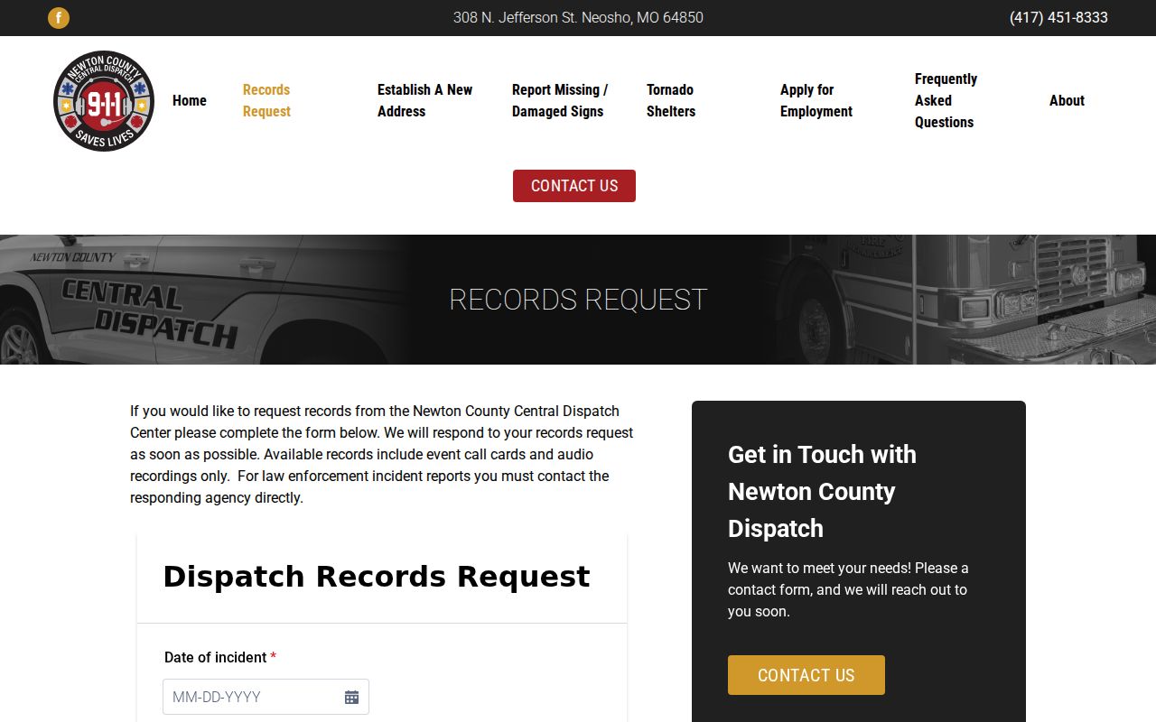 Newton County Central Dispatch records request and fee notice